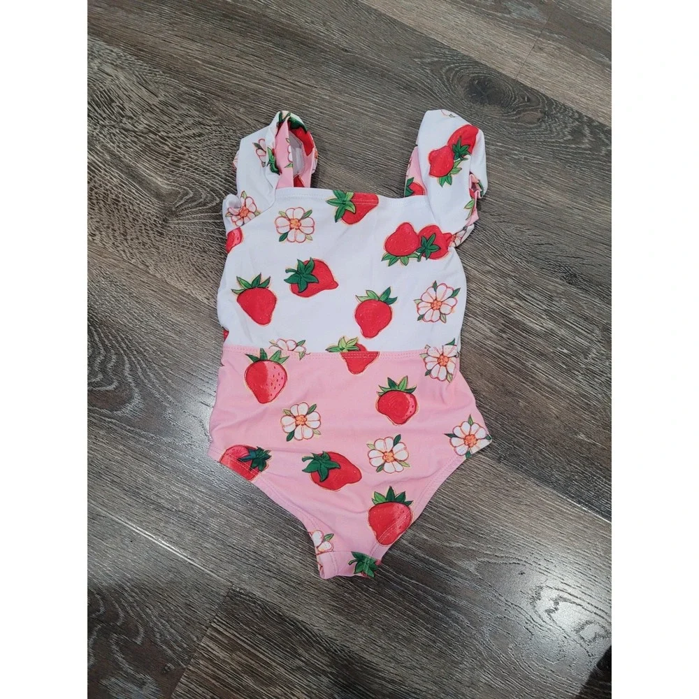 Strawberry Shortcake Swimsuit Toddler Girls 3T‎ One Piece Ruffles Pink White #3